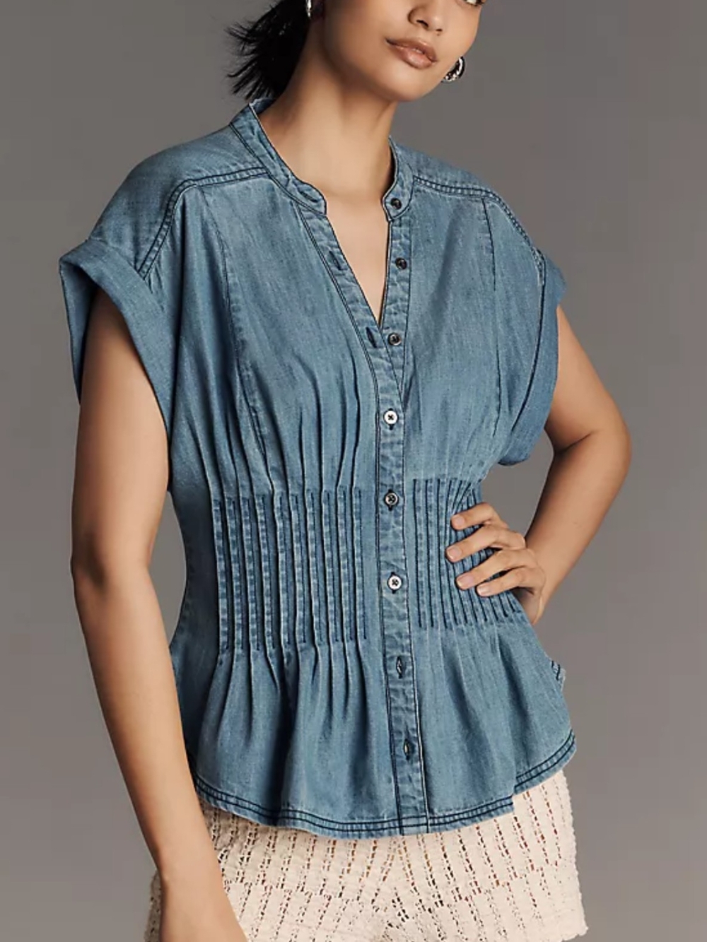 Pilcro Anthropologie Short-Sleeve Pilcro Blue Denim Pintuck Button-Front Blouse
